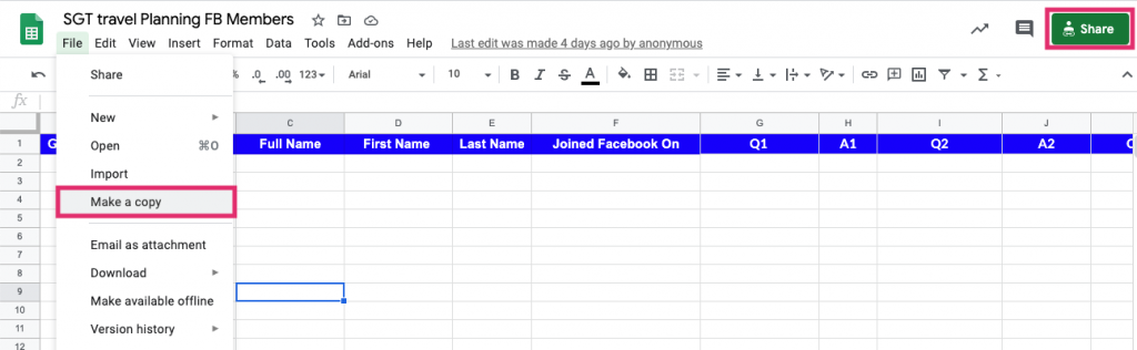 Creating the spreadsheet for Group Leads