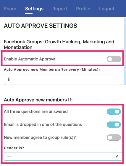 screenshot of Auto membership approval with Group Leads