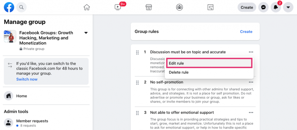 Screenshot showing how to edit a Facebook Group rule