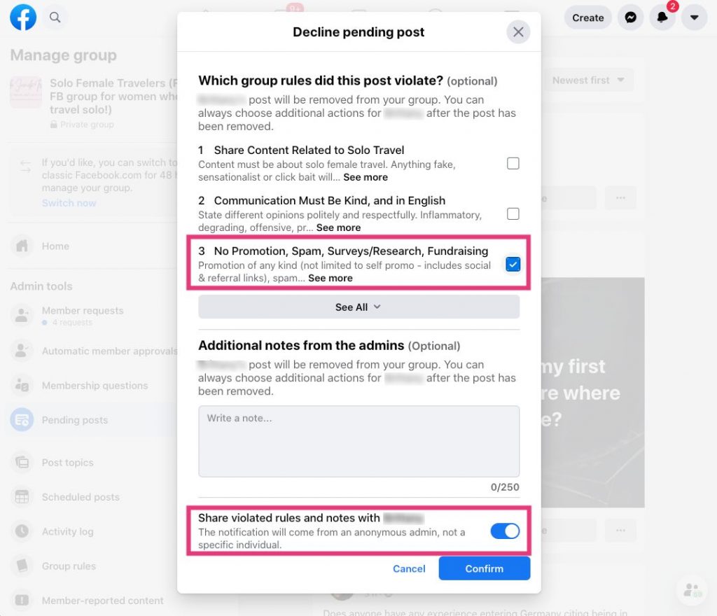 Screenshot showing how to reject a Facebook group post and give feedback