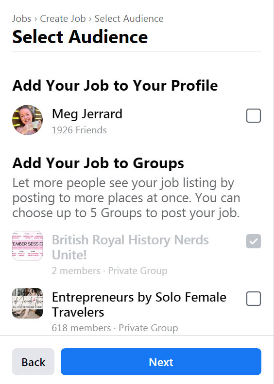 Creating a job in a jobs group Facebook Type (3)