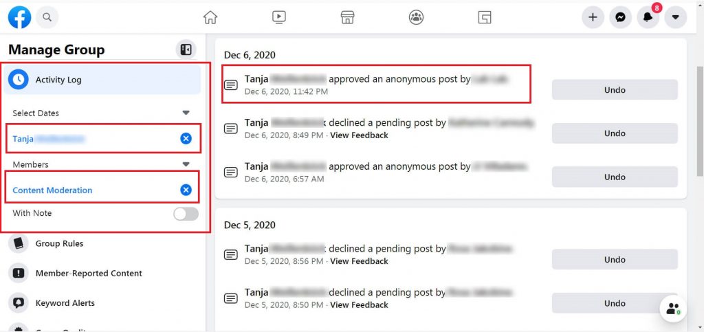 Anonymous Posting in Facebook Groups Activity Log