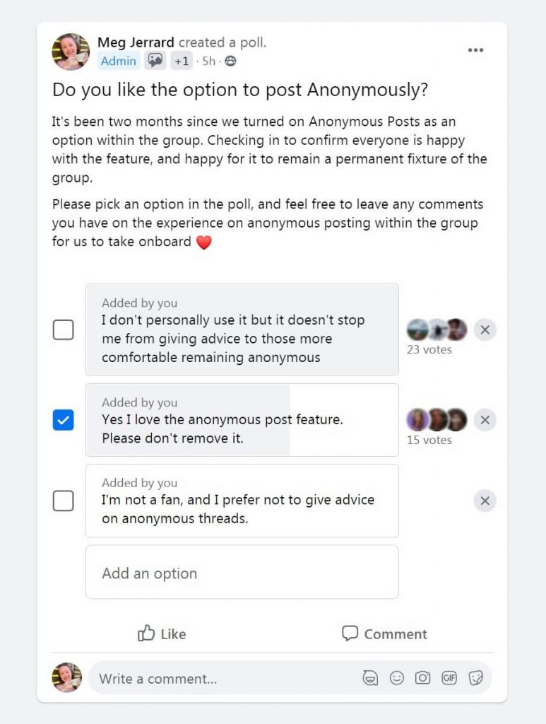 Posts of a Facebook group (anonymized); left: User1 needs