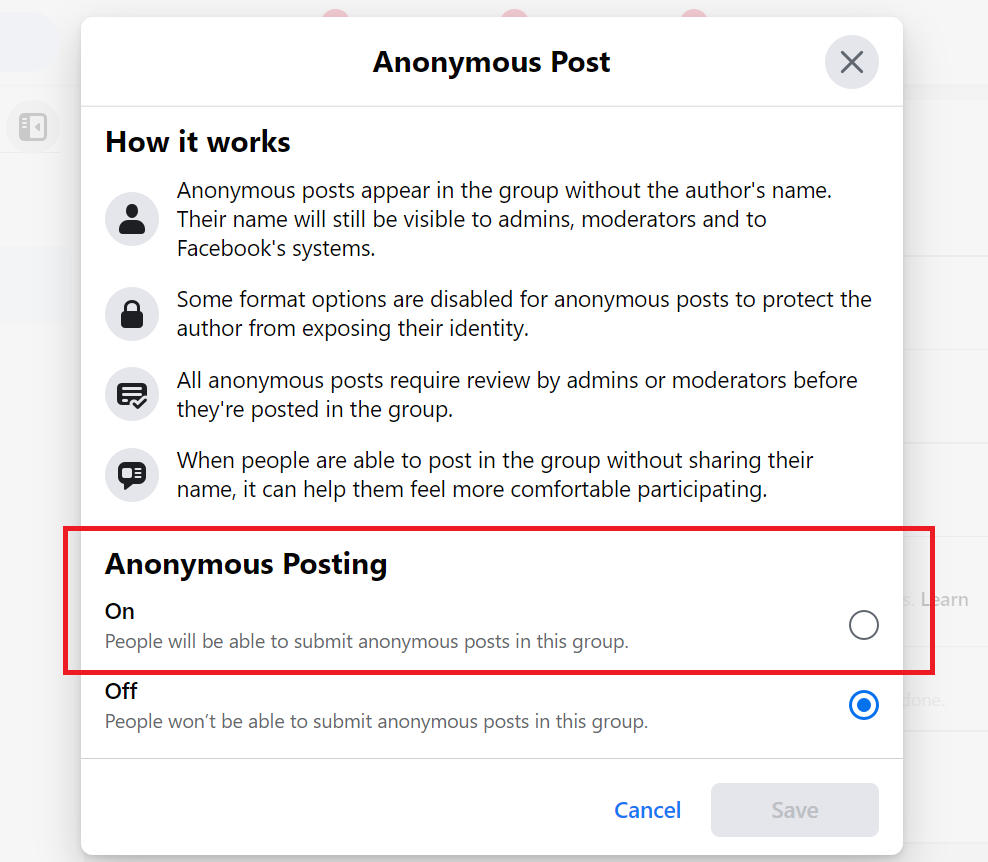 Anonymous posting in Facebook Groups